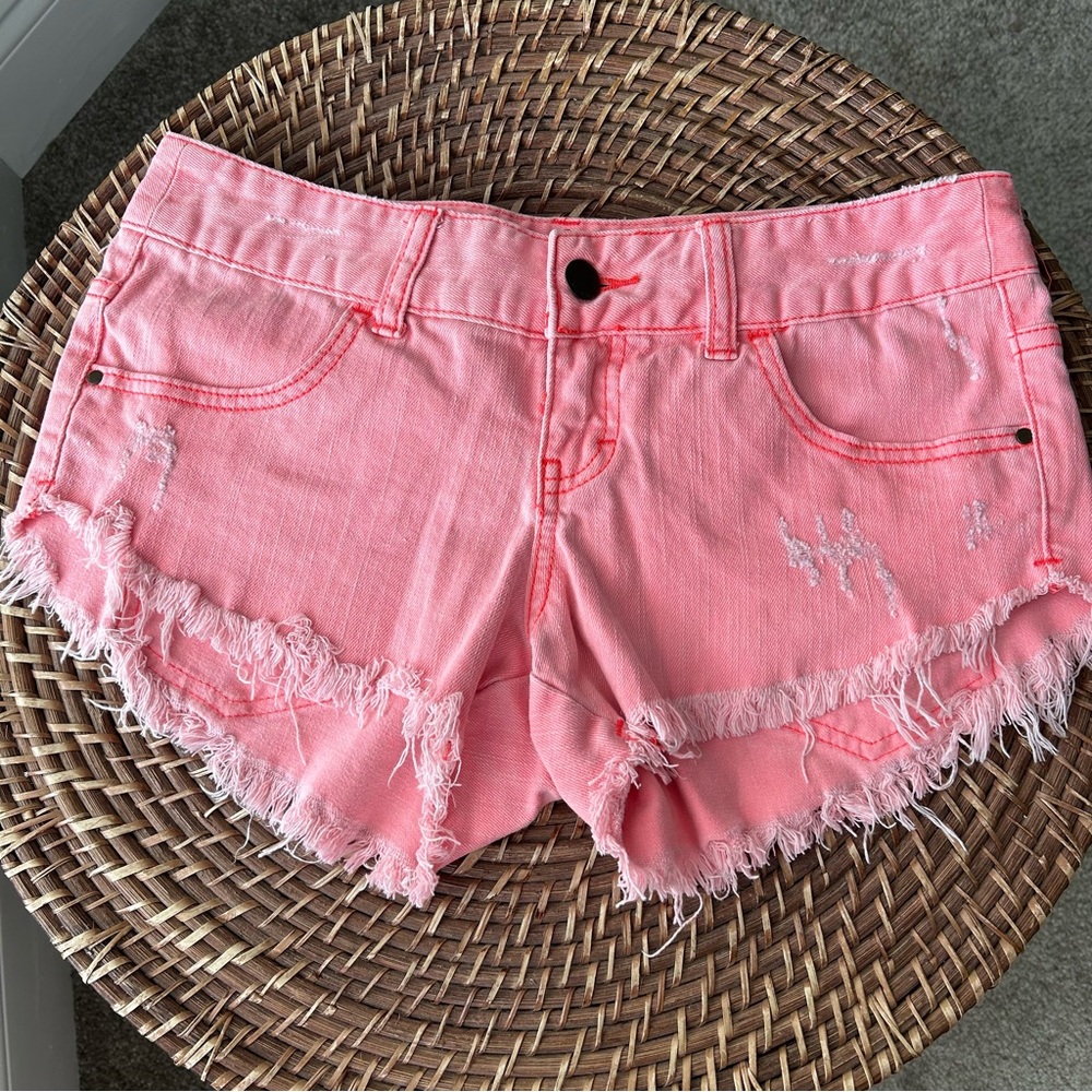 Billabong Laneway Distressed Neon Coral Denim Shorts